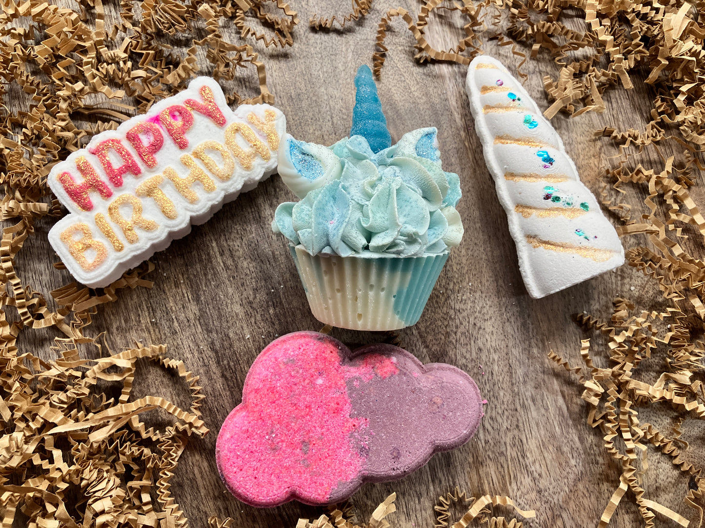 Large product bundle shown on plater with craft crinkle shred around.