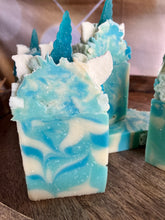 Load image into Gallery viewer, Snowflake the Magical Unicorn Bar Close Up my favorite bar of this batch has a zig zag striped teal and light blue striped across the center of the bar. She’s gorgeous!
