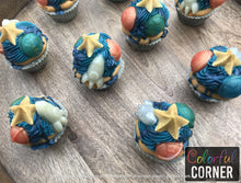 Load image into Gallery viewer, Top view of several cupcake soaps on Lazy Suzan Tray. Stars on top are gold in color.
