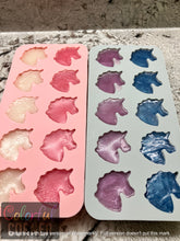 Load image into Gallery viewer, Unicorns shown in mold from left to right white, pink, purple and blue. Five in each column. 
